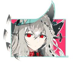  1girl angelfish aqua_border aqua_hat arknights ascot black_ascot border commentary english_commentary fish grey_hair hair_between_eyes hair_ornament hair_ribbon hat long_hair looking_at_viewer mizuumi_nama official_alternate_costume pink_background portrait red_eyes ribbon skadi_(arknights) skadi_the_corrupting_heart_(arknights) solo tropical_fish very_long_hair white_background 