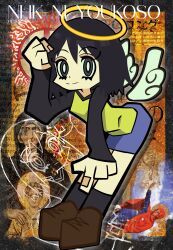  1girl absurdres angel angel_wings black_eyes black_hair black_sleeves black_socks blue_shorts bright_pupils brown_shoes closed_mouth copyright_name halo hand_on_own_head hedprotag highres looking_at_viewer nakahara_misaki nhk_ni_youkoso! outer_glow panty_&amp;_stocking_with_garterbelt parody shirt shoes short_hair shorts smile socks solo style_parody thick_lineart white_pupils wings yellow_shirt 