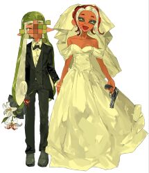  2girls ^_^ agent_3_(splatoon) agent_8_(splatoon) black_pants black_suit blood blood_on_face blood_on_flower bouquet bow bowtie censored closed_eyes crying crying_with_eyes_open dress earrings fang green_hair gun highres holding holding_bouquet holding_gun holding_hands holding_weapon inkling jewelry long_hair looking_at_viewer mosaic_censoring multiple_girls octoling off-shoulder_dress off_shoulder one_eye_covered open_mouth pants pointy_ears red_hair satoka_yoyo smile splatoon_(series) splatoon_2 splatoon_2:_octo_expansion suction_cups suit tears tentacle_hair weapon wedding_dress white_background white_dress 