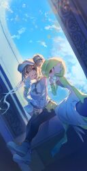  1girl 1other black_pantyhose blue_eyes blue_sky blush breasts brown_hair chikichi closed_mouth commentary_request donut_hair_bun double_bun gardevoir hair_bun hat highres holding holding_ice_cream_cone ice_cream_cone long_hair pantyhose pantyhose_under_shorts poke_ball_print pokemon pokemon_(creature) pokemon_bw2 raglan_sleeves red_eyes rosa_(pokemon) shirt shoes shorts sitting sky smile tongue tongue_out twintails visor_cap yellow_shorts 