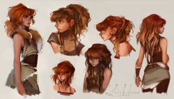  1girl aloy_(horizon) brown_leggings cavewoman commentary concept_art dreadlocks english_commentary feather_hair_ornament feathers freckles grey_background hair_bun hair_ornament horizon_(game) horizon_zero_dawn leggings lips loish long_hair miniskirt multiple_views nose official_alternate_hairstyle official_art painterly red_hair red_nose shirt signature simple_background skirt t-shirt tank_top 