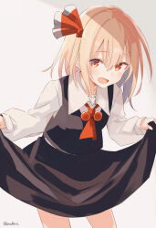  1girl absurdres ascot black_dress blonde_hair cowboy_shot dress hair_between_eyes highres koshka_pic light_blush long_sleeves looking_at_viewer medium_hair open_mouth pinafore_dress red_ascot red_eyes rumia shirt sidelocks simple_background skirt_hold sleeveless sleeveless_dress smile solo touhou twitter_username white_background white_shirt 