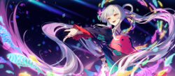  1girl absurdres animal_ears baiyevivian black_background blue_hoodie chinese_commentary cho_kaguya-hime! colored_inner_hair commentary_request crescent crescent_hair_ornament fish forehead_jewel grey_hair hair_ornament hair_rings hair_stick highres hood hoodie japanese_clothes kimono lop_rabbit_ears multicolored_hair octopus open_mouth outstretched_arm purple_hair purple_kimono rabbit_ears red_kimono runami_yachiyo sea_slug simple_background solo teeth upper_body upper_teeth_only white_hair 