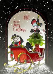  1boy 1girl 2021 absurdres angel_wings black_hat bloomers blue_hair braid christmas_(e.g.o) christmas_tree_costume commentary_request dress e.g.o_(project_moon) employee_(project_moon) green_dress hat highres leggings lobotomy_corporation looking_at_viewer nugget_(project_moon) patchwork_clothes pink_eyes project_moon red_leggings short_hair side_braids sleigh wei_qie_zaisheng white_bloomers wings witch_hat 