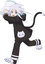  1boy artist_request black_pajamas black_tail blue_eyes cat_pajamas cat_tail fake_tail fluffy_clothes full_body game_cg genis_sage genis_sage_(pajamas) highres holding holding_pillow hood hooded_pajamas looking_at_viewer medium_hair official_alternate_costume official_art open_mouth pajamas paw_shoes pillow smile solo spiky_hair standing standing_on_one_leg tail tales_of_(series) tales_of_asteria tales_of_symphonia teeth third-party_source transparent_background upper_teeth_only white_hair 
