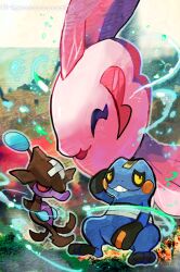  alomomola bandaid bandaid_on_head closed_eyes commentary_request croagunk crossed_bandaids kantarou_(8kan) no_humans nostrils open_mouth pokemon pokemon_(creature) pokemon_focus skrelp smile teeth 