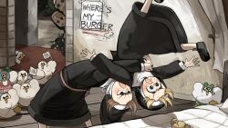  4girls :o angry baby_animal bed bird black_shoes blonde_hair blue_eyes brown_hair cat chicken clumsy_nun_(diva) diva_(hyxpk) duck duckling english_commentary german_suplex goat grey_hair highres hungry_nun_(diva) little_nuns_(diva) multiple_girls nervous_sweating note nun shoes smug_nun_(diva) spicy_nun_(diva) suplex sweat traditional_nun yellow_eyes yellow_star 