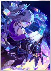  1girl asymmetrical_gloves bare_shoulders black_gloves fingerless_gloves floating_hair gauntlets gloves grey_hair hair_ornament highres hologram honkai:_star_rail honkai_(series) jacket long_hair mismatched_gloves off_shoulder official_alternate_costume official_art open_clothes open_jacket parted_lips silver_wolf_(honkai:_star_rail) silver_wolf_(lv.999)_(honkai:_star_rail) single_fingerless_glove single_gauntlet sitting smile solo third-party_source very_long_hair 