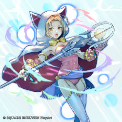  1girl absurdres animal_ear_hood animal_hood armlet blonde_hair cape cat_hood company_name copyright_notice dissidia_duellum_final_fantasy dissidia_final_fantasy final_fantasy final_fantasy_v garter_straps highres holding holding_staff hood hooded_cape ishii_mihoko jewelry krile_mayer_baldesion_(ff5) leotard looking_at_viewer mage_staff official_art open_mouth pink_leotard sash solo staff strapless strapless_leotard thigh-highs waist_sash white_thighhighs 