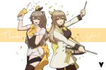  2girls arm_up bangs breasts brown_hair cowboy_shot english_commentary english_text girls_frontline hair_between_eyes hair_ornament hair_ribbon highres holding holding_instrument instrument long_hair long_sleeves looking_at_viewer multiple_girls official_alternate_costume one_side_up open_mouth pantyhose ribbon scar scar_across_eye scar_on_face short_sleeves smile thank_you thigh-highs ump40_(girls&#039;_frontline) ump40_(the_wish-preserving_witch_of_shadows)_(girls&#039;_frontline) ump45_(girls&#039;_frontline) ump45_(the_wish-making_sorceress_of_fireworks)_(girls&#039;_frontline) variasii vest wrist_cuffs yellow_eyes 