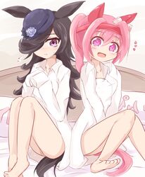  alternate_costume animal_ears bare_legs bed black_hair blush breasts collarbone commentary_request hair_over_one_eye haru_urara_(umamusume) highres horse_ears oni_tofu open_mouth pink_eyes pink_hair ponytail rice_shower_(umamusume) shirt small_breasts umamusume violet_eyes white_shirt 