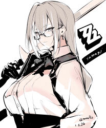  1girl absurdres closed_mouth commentary_request glasses gloves greyscale hair_between_eyes highres long_hair looking_at_viewer monochrome porroll simple_background smile solo tsukishiro_yanagi upper_body white_background zenless_zone_zero 