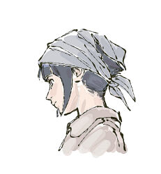  1girl beerenfuchs black_hair brown_jacket closed_mouth commentary cropped_torso from_side headscarf hyuuga_hinata jacket naruto_(classic) naruto_(series) short_hair solo untranslatable_commentary upper_body white_background white_eyes white_headscarf 