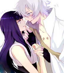  1boy 1girl alternate_costume bare_arms bare_shoulders blunt_bangs closed_mouth commentary couple fingerless_gloves flying_sweatdrops from_side gloves hair_between_eyes hand_on_another's_chin hetero high_collar holding_hands hyuuga_hinata japanese_clothes kona66 leaning_back leaning_forward light_blush long_sleeves looking_at_another looking_down looking_up mitsudomoe_(shape) naruto:_the_last naruto_(series) nervous_sweating ootsutsuki_toneri open_mouth purple_hair robe sleeveless sweat tattoo tomoe_(symbol) upper_body white_background white_hair white_robe wide_sleeves 