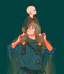  2boys a_knight_of_the_seven_kingdoms a_song_of_ice_and_fire aegon_v_targaryen bald black_boots blue_eyes blue_shirt boots brown_cloak brown_hair brown_tunic carrying child cloak duncan_the_tall green_background highres looking_up male_focus multiple_boys nuomilier parted_lips piggyback rope_belt shirt short_hair sweatdrop sword talking tunic weapon 