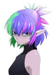 1girl alternate_eye_color alternate_hair_color bags_under_eyes bangs black_eyes black_shirt closed_mouth commentary_request freckles frown green_hair half_updo looking_at_viewer mizuhashi_parsee multicolored_hair pink_hair pointy_ears purple_hair shaded_face shirt short_hair simple_background sleeveless sleeveless_shirt solo streaked_hair touhou upper_body uraraku_shimuni white_background 
