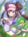  1girl blue_eyes blush breasts brown_hair collarbone double_bun hair_bun hand_on_own_chest highres inana_umi leaf looking_at_viewer outdoors pokemon pokemon_(creature) pokemon_(game) pokemon_bw2 pokemon_on_arm rosa_(pokemon) sky smile snivy vine_whip visor_cap 
