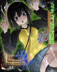  1girl absurdres artist_name bag black_bag black_eyes black_hair black_sleeves black_thighhighs blue_shorts copyright_name hedprotag highres looking_at_viewer nakahara_misaki nhk_ni_youkoso! open_mouth outer_glow painting_(object) paw_pose shirt short_hair shorts solo spanish_text teeth text_background thigh-highs thighs upper_teeth_only yellow_shirt 