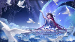  1girl absurdres arm_up armpits artist_name baiyevivian bare_shoulders bird black_hair blue_flower chinese_commentary closed_eyes closed_mouth colored_inner_hair columbina_(genshin_impact) commentary_request dove dress eye_mask fatui_coat flower genshin_impact hair_ornament hand_on_own_chest hand_up head_wings highres invisible_shoes long_hair mask multicolored_hair multiple_wings open_mouth pink_hair purple_hair purple_streaks ribbon see-through_clothes see-through_mask seiza signature sitting solo streaked_hair two-tone_hair unusually_open_eyes very_long_hair white_dress white_headdress white_mask white_wings wing_hair_ornament wings wisteria wrist_bow x-shaped_eyewear 