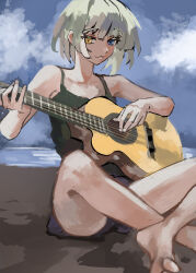  1girl :3 absurdres acoustic_guitar bang_dream! bang_dream!_it's_mygo!!!!! barefoot black_camisole blue_eyes camisole commentary ginkgo_doodles guitar heterochromia highres instrument kaname_raana short_hair sitting solo white_hair yellow_eyes 