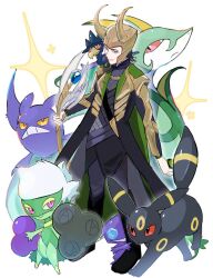  1boy alternate_color animification armor avengers_(series) black_hair black_pants black_tunic coat colored_sclera commentary_request creature creature_on_shoulder crobat crossover dusk_ball fake_horns gold_armor gold_helmet green_eyes grin helmet highres holding holding_poke_ball holding_scepter horned_helmet horns loki_(marvel) marvel medium_hair murkrow nanimodekiyasne on_shoulder pants poke_ball pokemon pokemon_(creature) red_eyes red_sclera roserade sableye scepter serperior shiny_pokemon smile the_avengers_(2012) thor_(marvel)_(series) tunic umbreon white_background yellow_sclera 