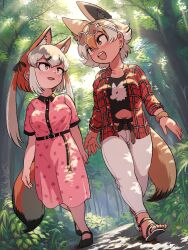  2girls animal_ears belt blonde_hair brown_hair commentary_request coyote_(kemono_friends) dress extra_ears fox_ears fox_girl fox_tail full_body grey_hair highres island_fox_(kemono_friends) kemono_friends long_hair mcgunngu multiple_girls outdoors pants ribbon sandals shirt shoes short_hair skirt sunglasses tail twintails wolf_ears wolf_girl wolf_tail yellow_eyes 