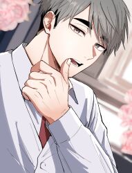  1boy absurdres bright_7wt commentary_request grey_eyes grey_hair haikyuu!! highres looking_at_viewer male_focus miya_osamu multicolored_hair necktie protected_link red_necktie shirt short_hair sideburns solo thumb_to_mouth two-tone_hair unfinished upper_body vest waistcoat white_shirt white_vest 