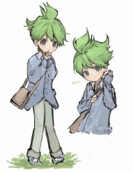  1boy 8chi2 arm_up bag blue_eyes blue_shirt collared_shirt commentary_request cropped_torso grass green_hair grey_bag grey_pants hair_between_eyes long_sleeves looking_to_the_side male_focus multiple_views own_hands_clasped own_hands_together pants pokemon pokemon_oras shirt sideways_glance sleeves_past_wrists wally_(pokemon) white_background 