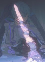  1boy 1girl absurdres adjusting_eyewear all_fours arknights arm_support black_bow black_bowtie black_hair black_hairband bow bowtie brown_hair caught closed_mouth coat crack_of_light doctor_(arknights) eyewear_on_head flower glasses hairband hand_on_another's_cheek hand_on_another's_face hand_on_eyewear hands_on_floor hetero highres holding holding_removed_eyewear indoors interrupted lab_coat long_hair long_sleeves looking_at_viewer lying male_doctor_(arknights) medium_hair on_back on_floor on_ground paper pink_flower priestess_(arknights) purple_ribbon removing_eyewear ribbon ruining_the_glorious_moment see-through_clothes shirt short_hair sweater turtleneck unworn_eyewear walk-in white_coat white_hair white_sweater yi-ki 