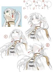  1girl bald blue_eyes bright_pupils capelet closed_mouth commentary dontpanic earrings elf english_commentary frieren head_back highres jewelry long_hair looking_up meme pointy_ears shirt simple_background sousou_no_frieren striped_clothes striped_shirt twintails upward_angle_frieren_drawing_(meme) white_background white_capelet white_hair white_pupils 