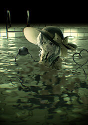  1girl absurdres backrooms_(creepypasta) black_hat bow buttons commentary_request diamond_button dream_pool eyeball frilled_shirt_collar frills green_eyes green_hair hat hat_bow hat_ribbon heart heart_of_string highres indoors komeiji_koishi liminal_space partially_submerged pool pool_ladder ribbon shirt smile t_terano third_eye touhou water wet yellow_bow yellow_ribbon yellow_shirt 