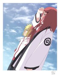  1boy 1girl aizawa_aiminn black_pants blonde_hair blue_sky closed_mouth clouds cloudy_sky dated hair_ornament hairclip highres jacket long_hair namikaze_minato naruto_(series) pants red_hair shading_eyes short_hair signature sky smile spiky_hair upper_body uzumaki_kushina white_background white_jacket 