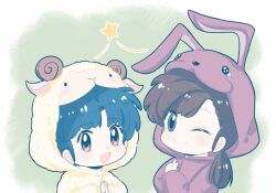  2girls ;) akarinaakari animal_costume animal_hood blue_hair chibi chibi_only chinese_commentary commentary_request green_background highres hood kuonji_ukyou low_ponytail multiple_girls one_eye_closed onesie pale_skin ponytail rabbit_hood ranma_1/2 sheep_costume sheep_hood short_hair smile tendou_akane 