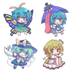  4girls antennae black_hat blonde_hair blue_eyes blue_hair blue_vest blush bow butterfly_wings buttons commentary diamond_button dress eternity_larva eyeball fairy frilled_shirt_collar frilled_sleeves frills geta green_dress green_eyes green_hair green_skirt hat hat_bow heart heart_of_string heterochromia highres holding holding_knife holding_phone holding_umbrella insect_wings karakasa_obake knife komeiji_koishi leaf leaf_on_head long_hair long_sleeves looking_at_viewer multicolored_dress multiple_girls open_mouth orange_eyes phone purple_umbrella red_eyes shell shirt silverrain simple_background skirt smile tatara_kogasa third_eye touhou umbrella very_long_hair vest watari_nina white_background white_dress wings yellow_bow yellow_eyes yellow_shirt 