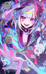  1girl :d arm_up butterfly-shaped_pupils commentary_request emoji flying_sweatdrops gloves grey_hair highres honkai:_star_rail honkai_(series) looking_at_viewer mask mask_on_head open_mouth red_eyes sanshoku_dango_(shukosuko) single_glove smile solo sparkle_(honkai:_star_rail) sparxie_(honkai:_star_rail) symbol-shaped_pupils wide_sleeves 