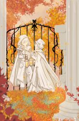  1boy 1girl anabellnordin autumn_leaves cloak commentary dress faceless faceless_female faceless_male gate highres holding holding_lantern hood hood_up hooded_cloak lantern leaf looking_at_another original outdoors pants pillar standing tagme 