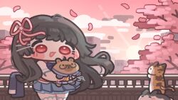 1girl black_hair blue_skirt capybara cat chibi chibi_only chisa_(wuthering_waves) commentary_request hair_ribbon highres holding korean_commentary long_hair looking_at_viewer monyami namipon_(wuthering_waves) official_alternate_costume open_mouth petals pink_petals pink_ribbon red_eyes ribbon skirt smile solo sunset wind wuthering_waves
