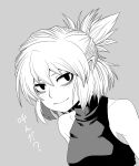  1girl bags_under_eyes bangs breasts closed_mouth commentary_request freckles greyscale highres looking_at_viewer medium_breasts mizuhashi_parsee monochrome pointy_ears shirt short_hair simple_background sleeveless sleeveless_shirt smile solo touhou translation_request upper_body uraraku_shimuni 