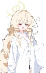  1girl black_panties blonde_hair blue_archive breasts buttons collared_shirt fluffy_hair green_eyes halo highres lmg7811 long_sleeves naked_shirt oversized_clothes oversized_shirt panties professor_niyaniya_(blue_archive) shirt side_ahoge small_breasts underwear white_background yawning yellow_halo 