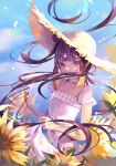  1girl absurdres bangs blonde_hair blue_eyes dress floating_hair flower hat highres hololive hololive_english long_hair looking_at_viewer meiyan_(boyimachao) multicolored_hair ninomae_ina&#039;nis purple_hair short_sleeves solo streaked_hair sun_hat sunflower twintails upper_body virtual_youtuber white_dress 