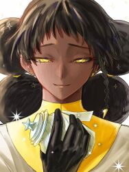  1girl afro_puffs black_gloves black_hair braid closed_mouth commentary_request dark-skinned_female dark_skin desscaras dress earrings eight-pointed_star four-pointed_star gloves glowing glowing_eyes gold_collar gold_earrings gold_hair_tie hair_ornament half-closed_eyes high_collar highres holding holding_jar jar jewelry long_hair looking_at_viewer madan_no_ichi portrait riei side_braid simple_background single_braid smile solo sparkle star_(symbol) twintails white_background white_dress witch yellow_eyes 