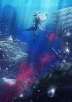  1girl aqua_headwear arknights boots bubble building clothing_cutout elite_ii_(arknights) gyoukan_(jfxc) hat highres holding holding_weapon light_rays long_hair low-tied_long_hair ruins skadi_(arknights) submerged sunbeam sunlight sword thigh_boots thigh_cutout underwater weapon white_hair 