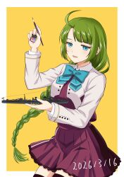  1girl absurdres ahoge aqua_bow aqua_bowtie blazer blue_eyes bow bowtie braid breasts commentary_request dress green_hair grey_thighhighs highres jacket kantai_collection kazzha long_hair long_sleeves miniature model model_kit model_ship mole mole_under_mouth name_connection object_namesake open_mouth purple_dress school_uniform shirt single_braid skirt smile solo thigh-highs very_long_hair white_background white_shirt yellow_background yuugumo_(kancolle) yuugumo_kai_ni_(kancolle) 