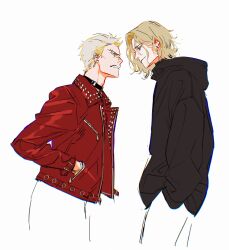  2boys a_knight_of_the_seven_kingdoms a_song_of_ice_and_fire aerion_targaryen black_choker black_hoodie blonde_hair brothers choker clenched_teeth cow daeron_targaryen earrings eyebrow_piercing face_piercing furrowed_brow hands_in_pockets highres hood hood_down hoodie jacket jewelry leather leather_jacket light_smile looking_at_another male_focus multiple_boys nuomilier parted_bangs parted_lips piercing red_jacket short_hair siblings sketch studded_jacket teeth wavy_hair white_background white_hair 
