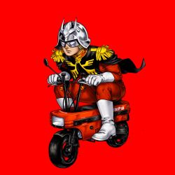  1boy boots cape char_aznable epaulettes full_body gloves gundam helmet highres military_rank_insignia military_uniform mobile_suit_gundam pants red_background red_pants riding_scooter rob_kuma4 science_fiction sitting solo white_boots white_gloves zeon 