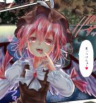  1girl absurdres animal_ears bird_ears bird_wings blush brown_dress brown_headwear dress frilled_sleeves frills hair_between_eyes heart highres long_sleeves momonashi_potato mystia_lorelei open_mouth pink_eyes pink_hair saliva short_hair smile solo speech_bubble tongue tongue_out touhou translation_request white_wings winged_hat wings 