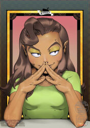 1girl blush breasts brown_hair dark-skinned_female dark_skin drawga eyeshadow halfling highres legzi_shortstakk long_hair makeup pointy_ears shirt smile solo sweat t-shirt tmblyeet upper_body 