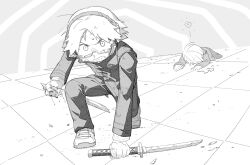  2boys angry blood blood_on_hands broken broken_sword broken_weapon clenched_teeth full_body glasses greyscale hanamura_yousuke headphones highres holding holding_sword holding_weapon jacket kkyagdoyo164972 long_sleeves looking_at_viewer lying male_focus monochrome multiple_boys narukami_yu on_ground on_stomach pants persona persona_4 revenge school_uniform shoes short_hair sword tears teeth unworn_eyewear weapon yasogami_school_uniform 
