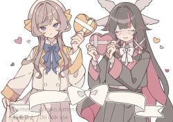  2girls absurdres alternate_costume black_hair black_serafuku black_shirt black_skirt black_sleeves blue_eyes blue_neckerchief bow bowtie box brown_hair closed_eyes closed_mouth clothes_lift collared_shirt columbina_(genshin_impact) commentary_request eye_mask genshin_impact gift hair_bow hair_flaps hair_ornament hair_ribbon hat head_wings heart heart-shaped_box highres holding holding_gift long_hair long_sleeves mask multicolored_hair multiple_girls multiple_wings neckerchief neko_kattenai_i open_mouth purple_hair purple_streaks ribbon sailor_collar sandrone_(genshin_impact) school_uniform see-through_clothes see-through_mask serafuku shirt short_hair_with_long_locks sidelocks simple_background skirt skirt_lift smile streaked_hair two-tone_hair valentine very_long_hair white_day white_mask white_serafuku white_shirt white_skirt white_sleeves white_wings wing_hair_ornament wings x-shaped_eyewear yellow_sailor_collar 