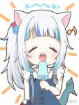  1girl :o animal_ears bag bangs blue_dress blue_hair cat_ears closed_eyes commentary_request dress eighth_note facing_viewer fish_tail food gawr_gura grey_hair hair_cubes hair_ornament holding holding_food hololive mitya multicolored_hair musical_note notice_lines open_mouth popsicle shark_tail sharp_teeth shirt shoulder_bag side_ponytail simple_background sleeveless sleeveless_dress solo streaked_hair tail teeth virtual_youtuber white_background white_shirt 